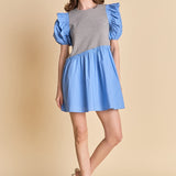 Mixed Media Puffy Short Sleeve Mini Dress