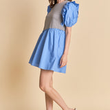 Mixed Media Puffy Short Sleeve Mini Dress