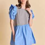 Mixed Media Puffy Short Sleeve Mini Dress