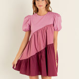 Asymmetrical Colorblock Puff Sleeve Dress