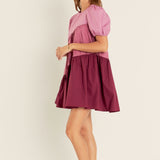 Asymmetrical Colorblock Puff Sleeve Dress