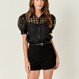 Short Sleeve Organza Grid Blouse