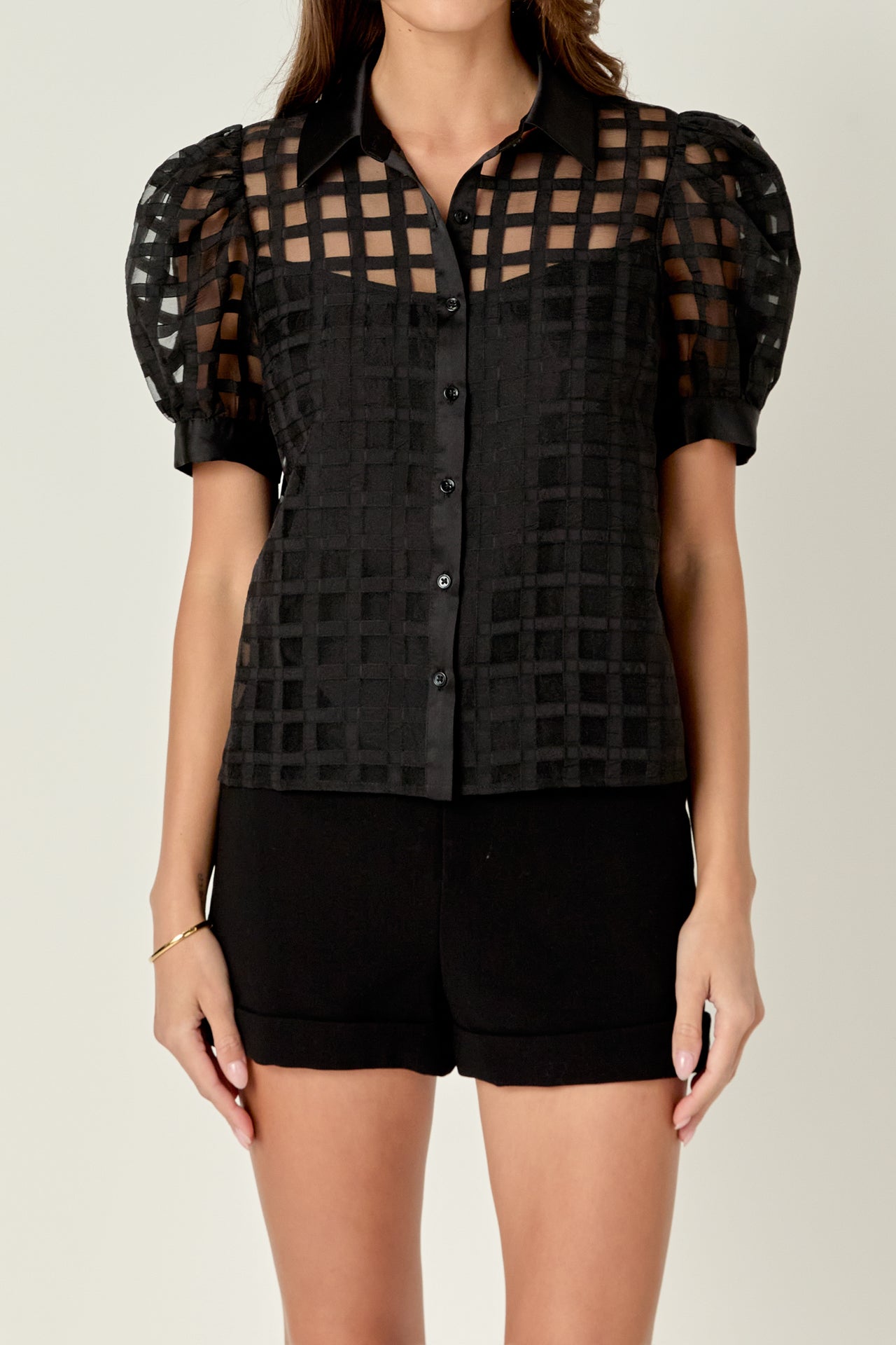 Short Sleeve Organza Grid Blouse