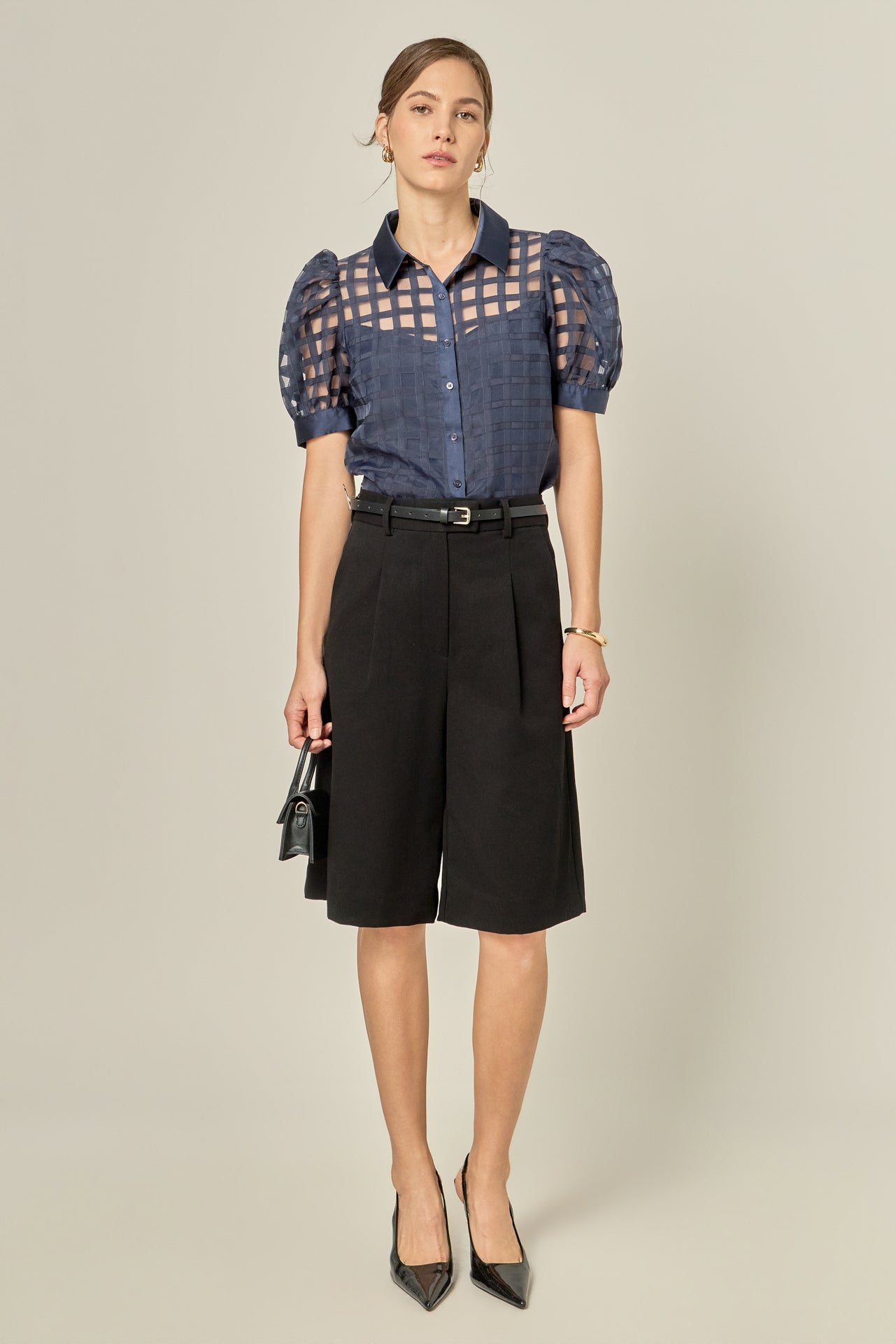 Short Sleeve Organza Grid Blouse