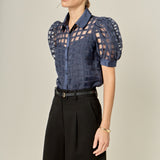 Short Sleeve Organza Grid Blouse