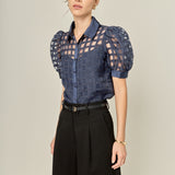 Short Sleeve Organza Grid Blouse