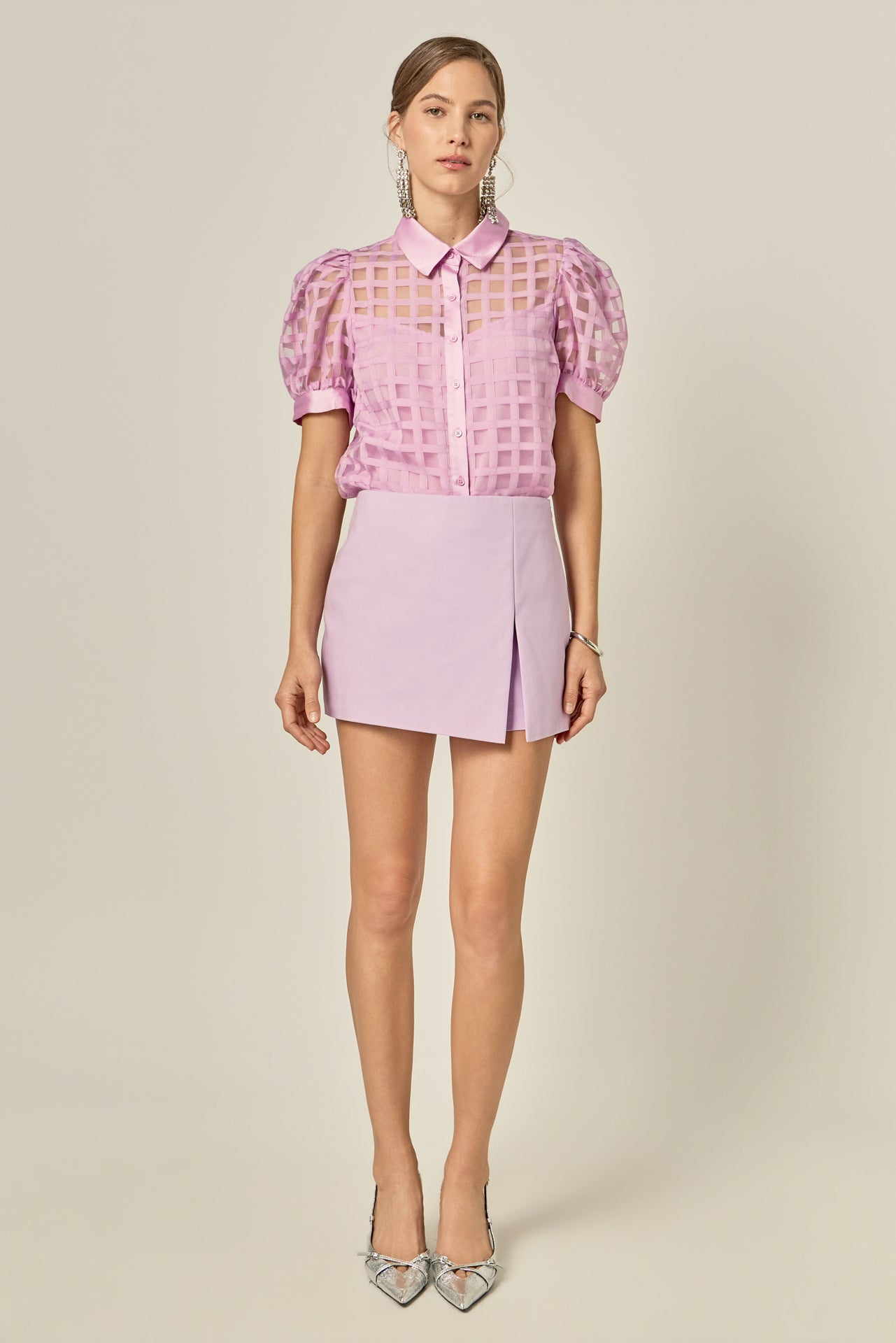 Short Sleeve Organza Grid Blouse