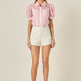 Short Sleeve Organza Grid Blouse