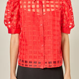 Short Sleeve Organza Grid Blouse