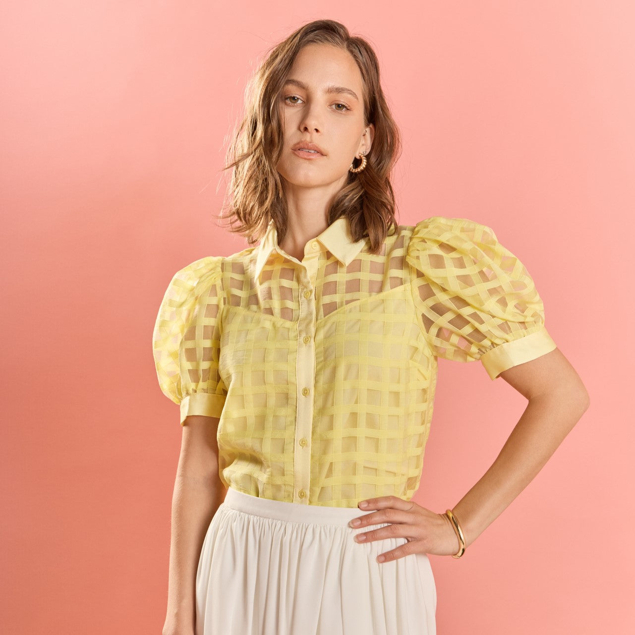 Short Sleeve Organza Grid Blouse