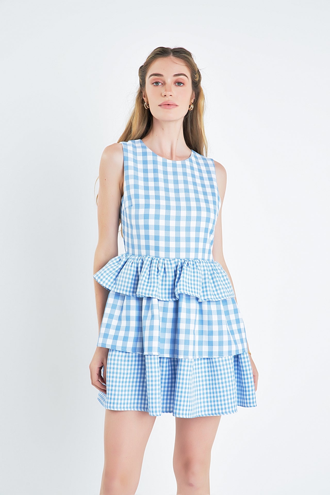 Gingham Tiered Sleeveless Mini Dress – English Factory