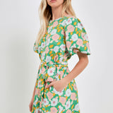 Floral belted Puff Sleeve Mini Shift Dress