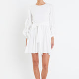 Cinched Puff Sleeve Belted Dress