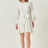 Cinched Puff Sleeve Belted Dress