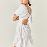 Mixed Media Puff Sleeve Back Bow Dress