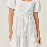 Mixed Media Puff Sleeve Back Bow Dress