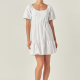 Mixed Media Puff Sleeve Back Bow Dress