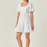Mixed Media Puff Sleeve Back Bow Dress