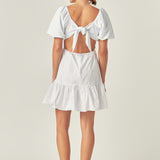 Mixed Media Puff Sleeve Back Bow Dress