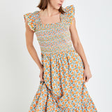 Embroidered Smocked Midi Dress
