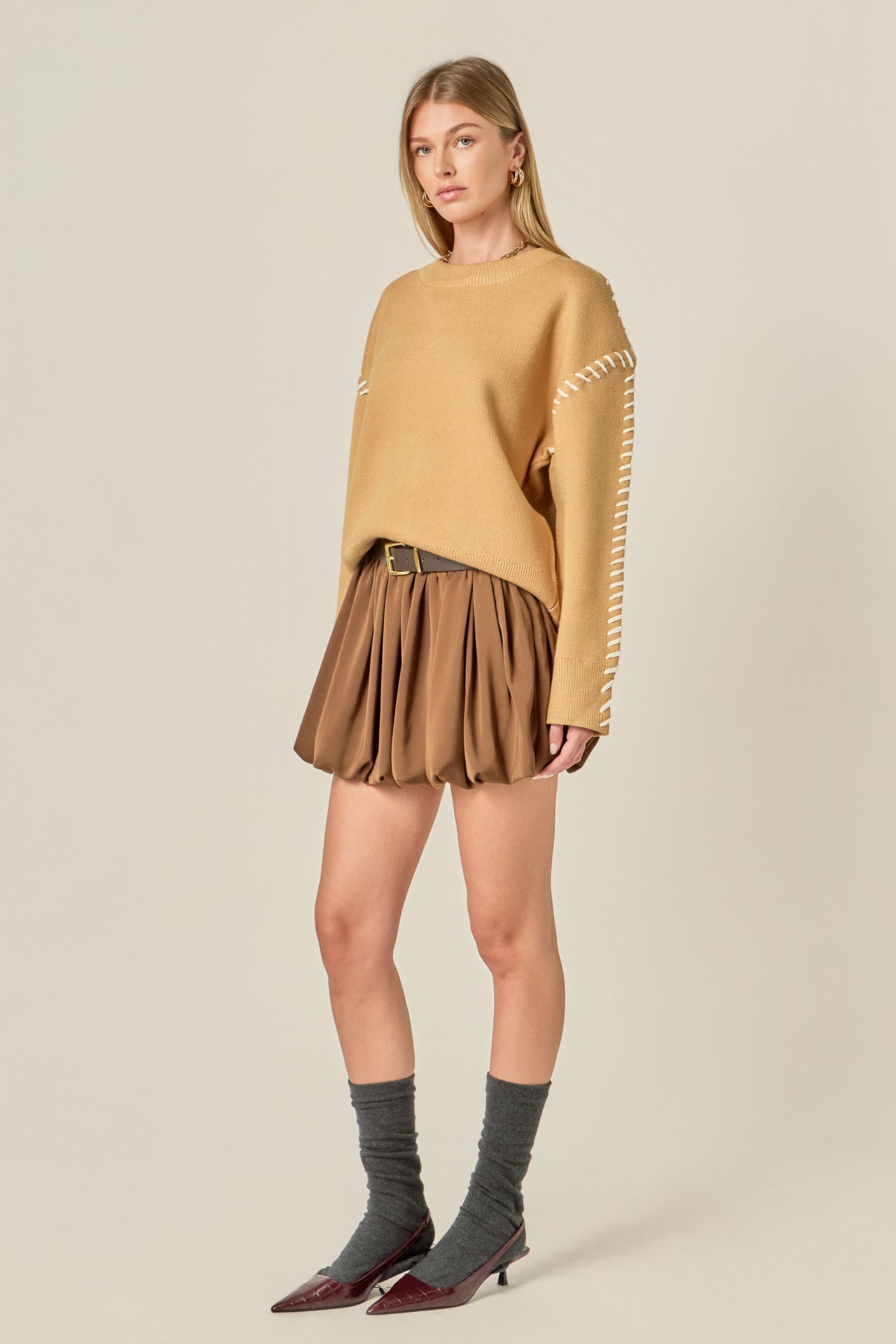 english factory long-sleeve whipstitch knit mini dress English Factory