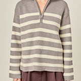 Striped Half-Zip Relaxed Sweater