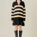 Mixed Media Stripe Pleated Mini Dress