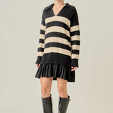 Mixed Media Stripe Pleated Mini Dress