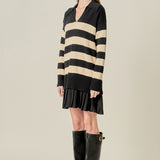 Mixed Media Stripe Pleated Mini Dress