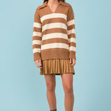 Mixed Media Stripe Pleated Mini Dress