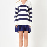 Mixed Media Stripe Pleated Mini Dress