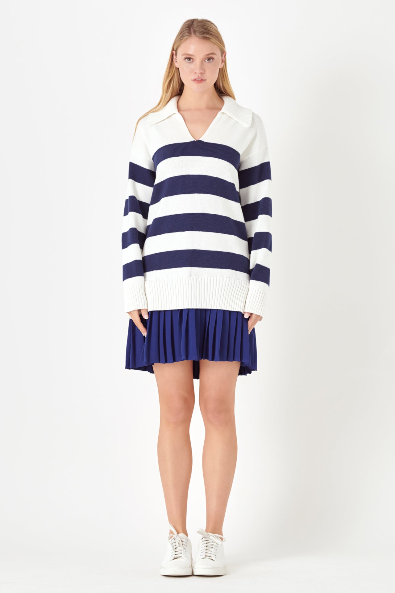 Mixed Media Stripe Pleated Mini Dress