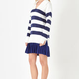 Mixed Media Stripe Pleated Mini Dress