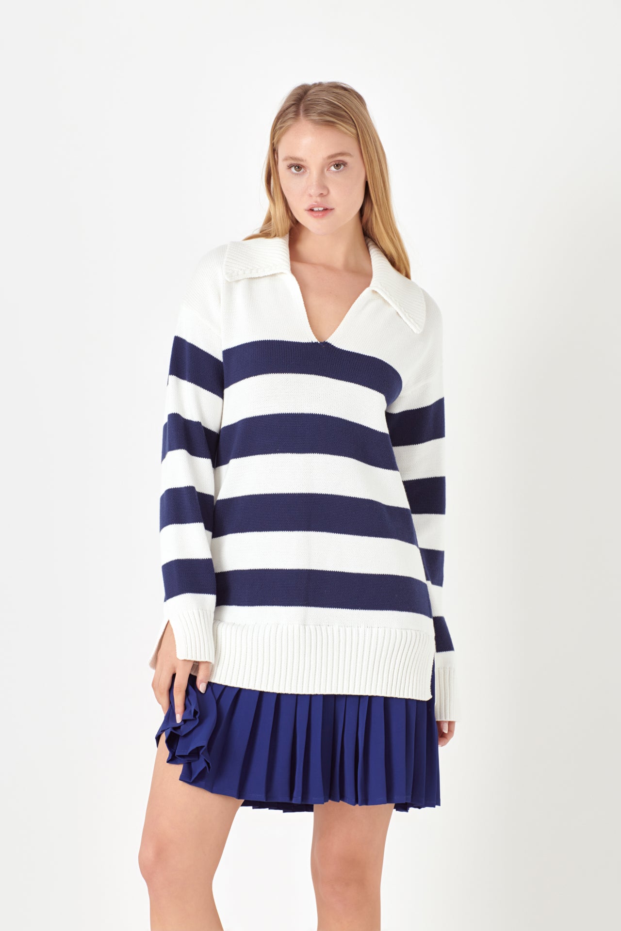 Mixed Media Stripe Pleated Mini Dress – English Factory