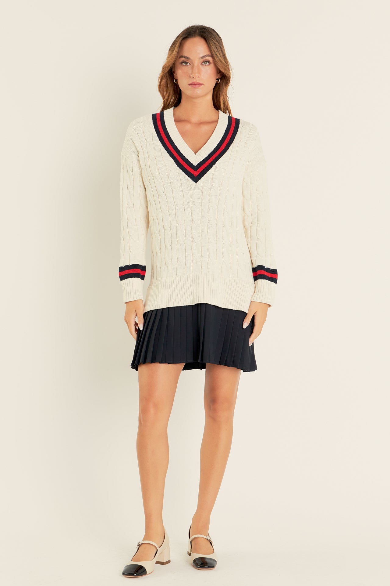 Cable Knit Pleated Sweater Dress English Factory Cable Knit Pleated Sweater Dress English Factory