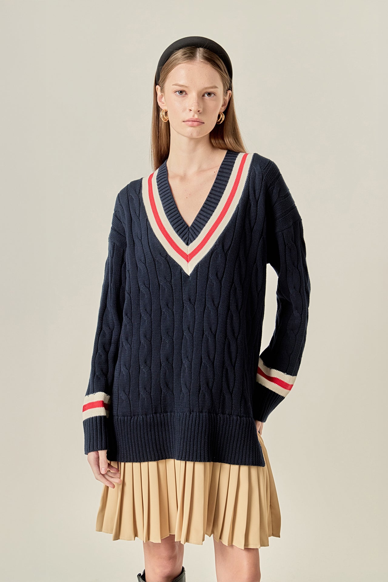 English Factory - Cable Knit Pleated Sweater Dress NAVY MULTI / L English Factory - Cable Knit Pleated Sweater Dress NAVY MULTI / L