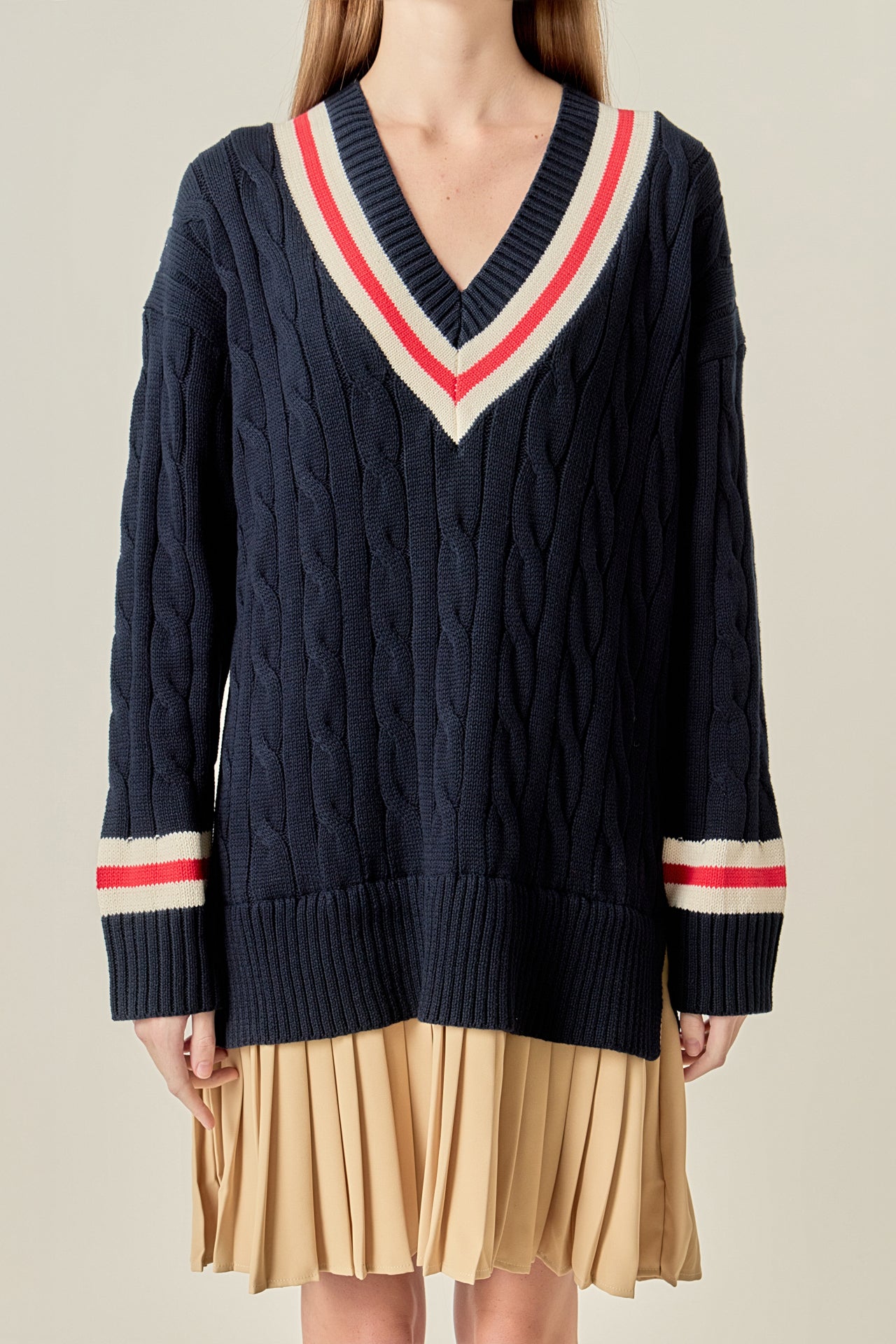 English Factory - Cable Knit Pleated Sweater Dress NAVY MULTI / L English Factory - Cable Knit Pleated Sweater Dress NAVY MULTI / L