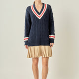 Cable Knit Pleated Sweater Dress