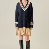Cable Knit Pleated Sweater Dress