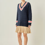Cable Knit Pleated Sweater Dress