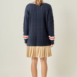 Cable Knit Pleated Sweater Dress