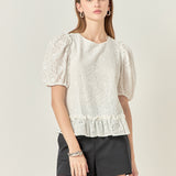Lace Puff Sleeve Top With Shoulder Ruffle Details
