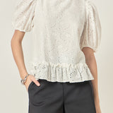 Lace Puff Sleeve Top With Shoulder Ruffle Details
