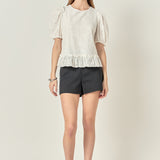 Lace Puff Sleeve Top With Shoulder Ruffle Details