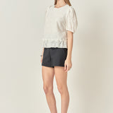Lace Puff Sleeve Top With Shoulder Ruffle Details