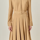 Pleated Collared Long Sleeve Midi Dress