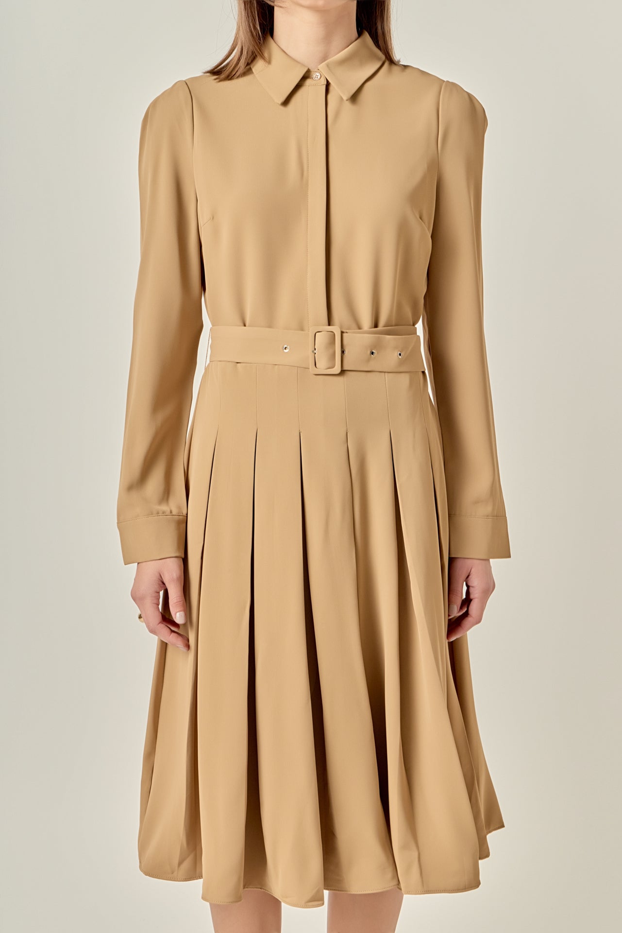English Factory - Pleated Collared Long Sleeve Midi Dress CAMEL / S English Factory - Pleated Collared Long Sleeve Midi Dress CAMEL / S