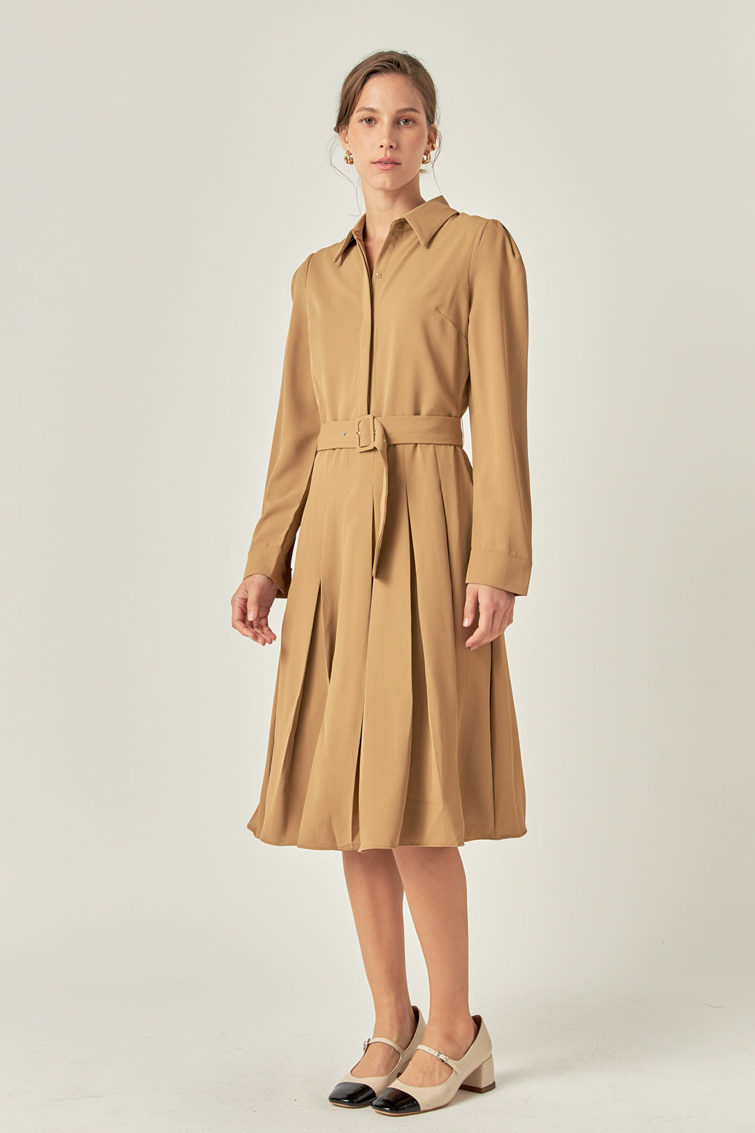 Perfee Collared Neck Long Sleeve Midi Shirt Dress main image 0