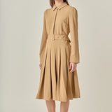 Pleated Collared Long Sleeve Midi Dress