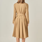 Pleated Collared Long Sleeve Midi Dress